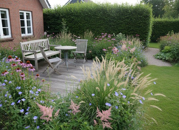 Lounge tuin met tuinplanten rond terras en pad